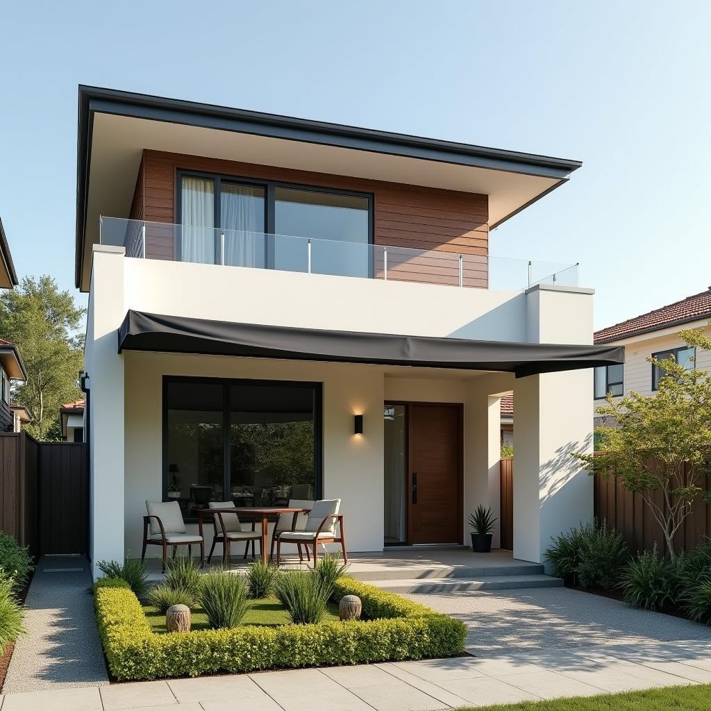 Mẫu bạt mái xếp lượn sóng che sân trước nhà phố hiện đại với tông màu trung tính và thiết kế tối giản